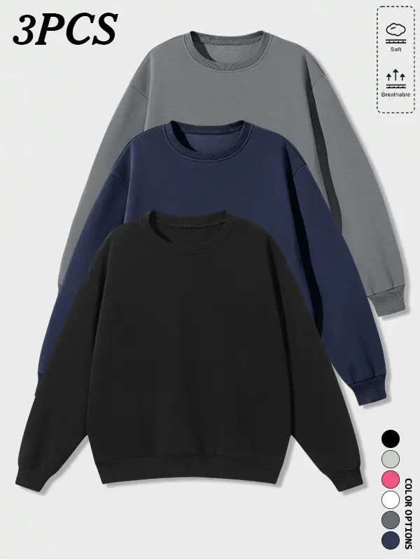 3-pack men’s crewneck sweatshirts, classic crewneck basic fit, drop-shoulder loose silhouette, easy to mix and match, suitable for various everyday outfits.