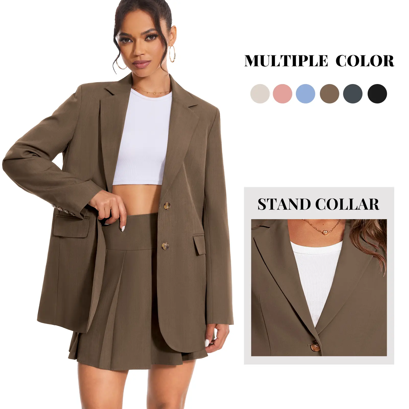 Women's 2-Piece Chic Elegant Solid Color Suit - Padded Button Blazer with Long Sleeves, Smooth Fitted Twill Fabric, Comfortable Short Mini Pleated Skorts for Office Formal Business Outfits