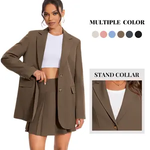 Casly Lamiit Women's 2 Piece Skirt Set Business Casual Blazer Suit Mini Pleated Skorts Button Jackets Matching Outfits Chic Elegant Longsleeves Fitted Twill Fabric