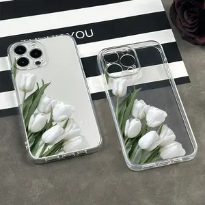 1 Transparent Soft Case with a Cluster of White Tulips Pattern on the Left and Precise Cutouts, Compatible with iPhone 17/16/15/14/13/12/11 Pro Max/X/XS/XR/XSMax/14 Plus/15 Plus/16 Plus/17 AIR Series, Couple's Phone Case