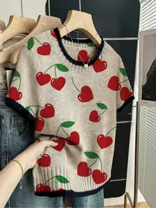 Heart Fruit Print Round Neck Sweater, Casual Short Sleeve Knitwear for Spring Summer Fall, Comfortable Warm Women's Clothing Top