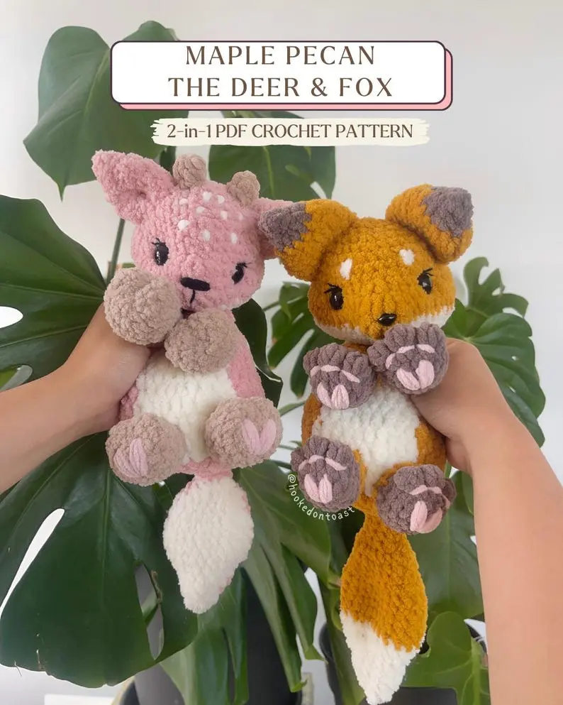 Crochet Maple Pecan Fox & Deer Snuggler Adorable Amigurumi Plushie Lovey Perfect Gift Idea for Friends Family Soft Huggable Ideal for All Ages