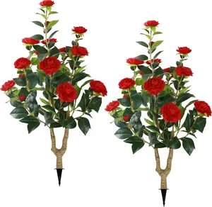 35.5" Artificial Camellia Tree, Faux Red Camellia Flowers Plant with Spike, Fake Greenery Tree for Spring Home Front Door Outdoor Indoor Decoration（set of 2)