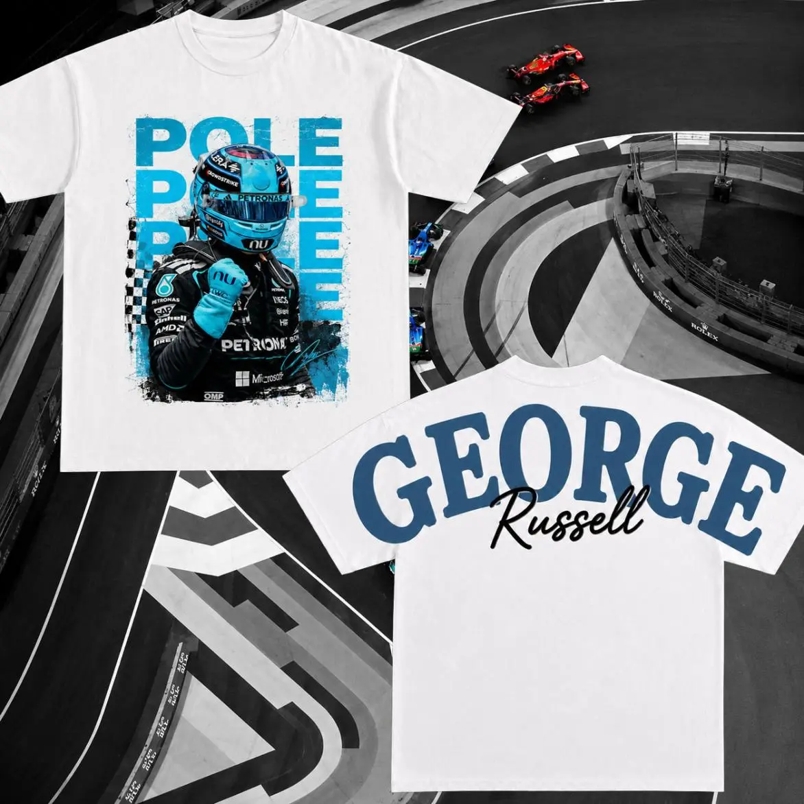 George Russell Pole Position Racing Graphic T-Shirt – Helmeted Driver Front Print, Bold Name Back Design, Oversized Unisex Motorsport Tee