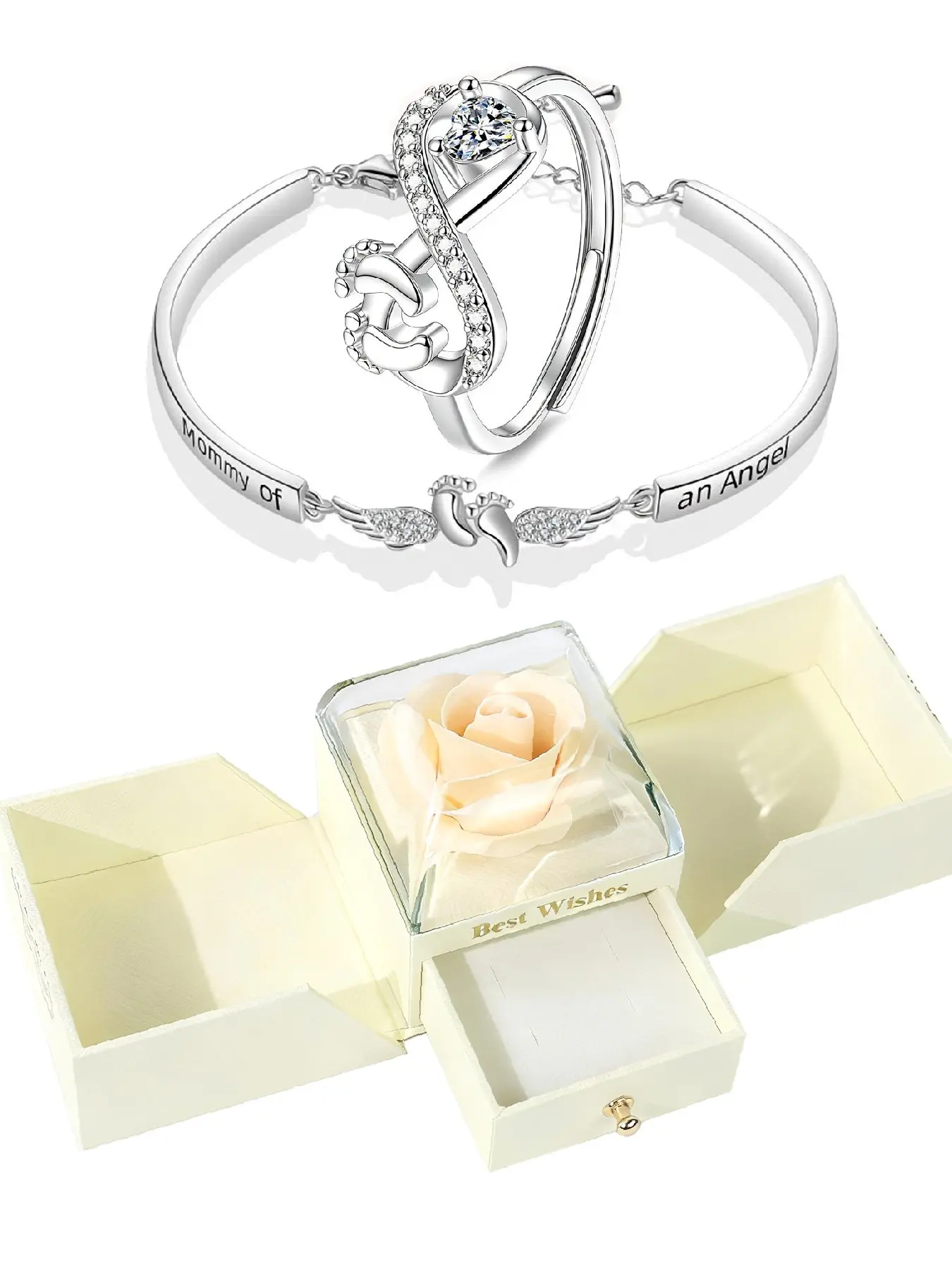 Women's Heart Footprint Ring, Adjustable Angel Bracelet, Inspirational Jewelry, Memorial Gift for Miscarriage, Baby Loss, Mother's Day, Rose Box
