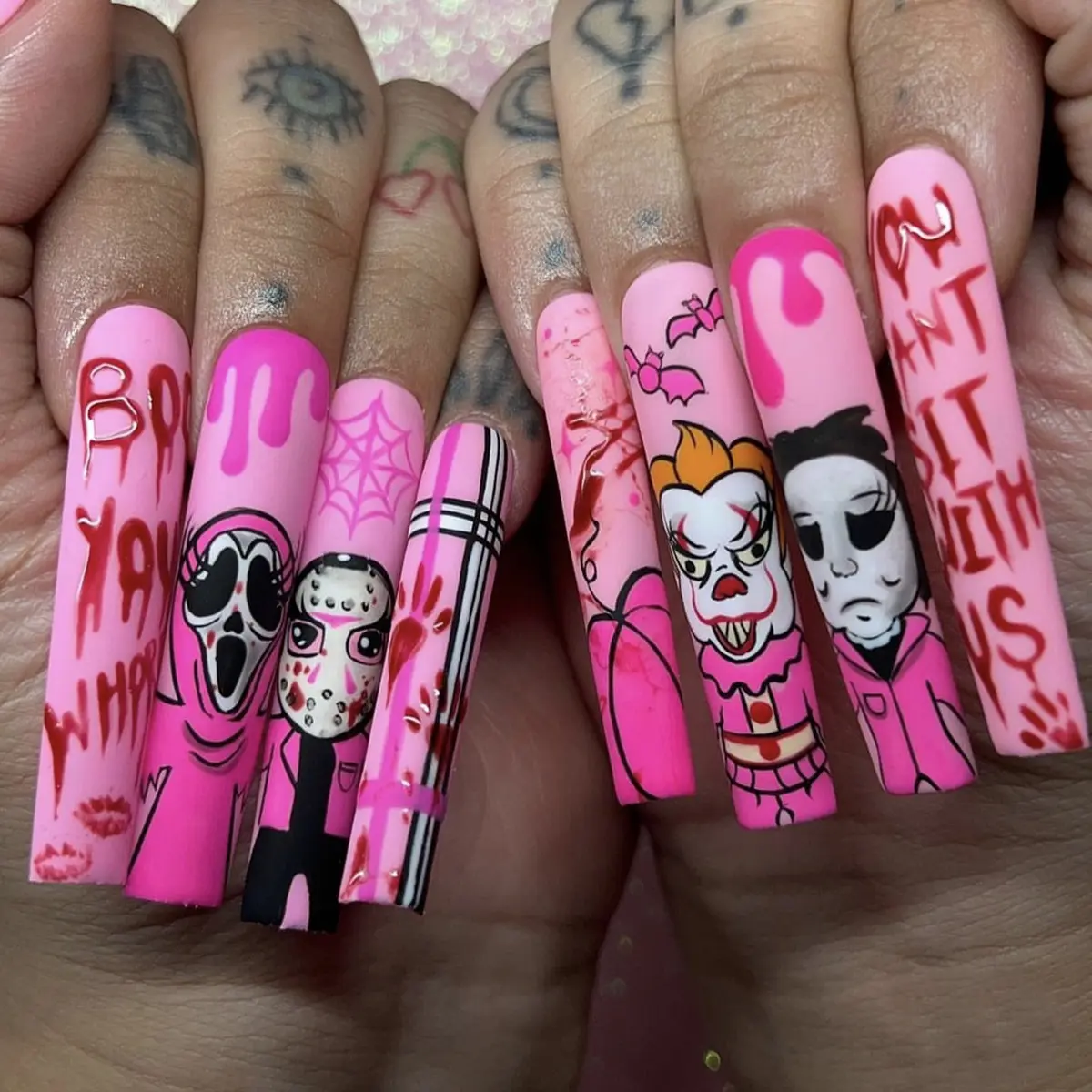 The 2am Glam, Long Size, Square, Halloween, Press On Nails, Nail Art, Scream, Dawn Kill, Pink, Includes 24 Nails, 12 Sizes, 1 Piece of Jelly Gum, 1 Mini File
