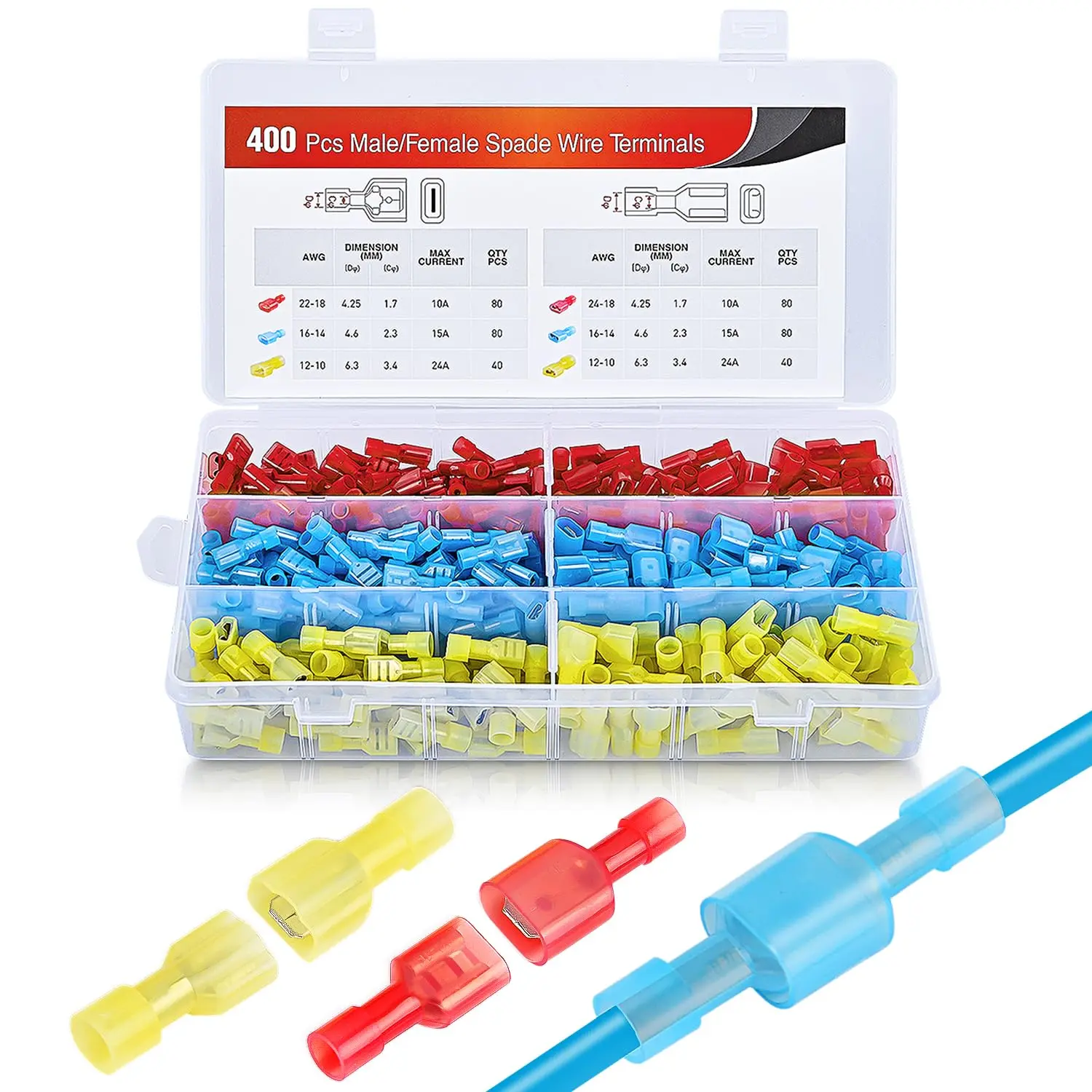 Nilight 400 Pcs Spade Terminals Nylon Quick Disconnect Terminals Male and Female Spade Connectors Kit Electrical Insulated Wire Crimp Terminals Assortment Kit