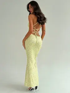 MARANDAS Romantic Date Women Spaghetti Strap Draped Neck Backless Tie-Waist Long Ditsy Floral Dress,Summer Dresses For Women,Tea Party Dress,Pastel Dresses For Women Bodycon Dress Figure Flattering Floral Print Valentine Outfits For Women