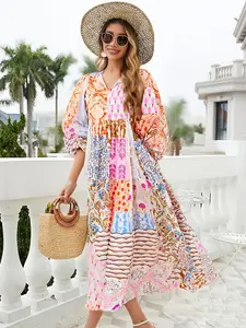 Women's Bohemian Floral Vintage Lantern Balloon Sleeve Dress, Elegant Casual Summer Holiday Dress with Pockets, Stylish Retro Boho Fashion for Women