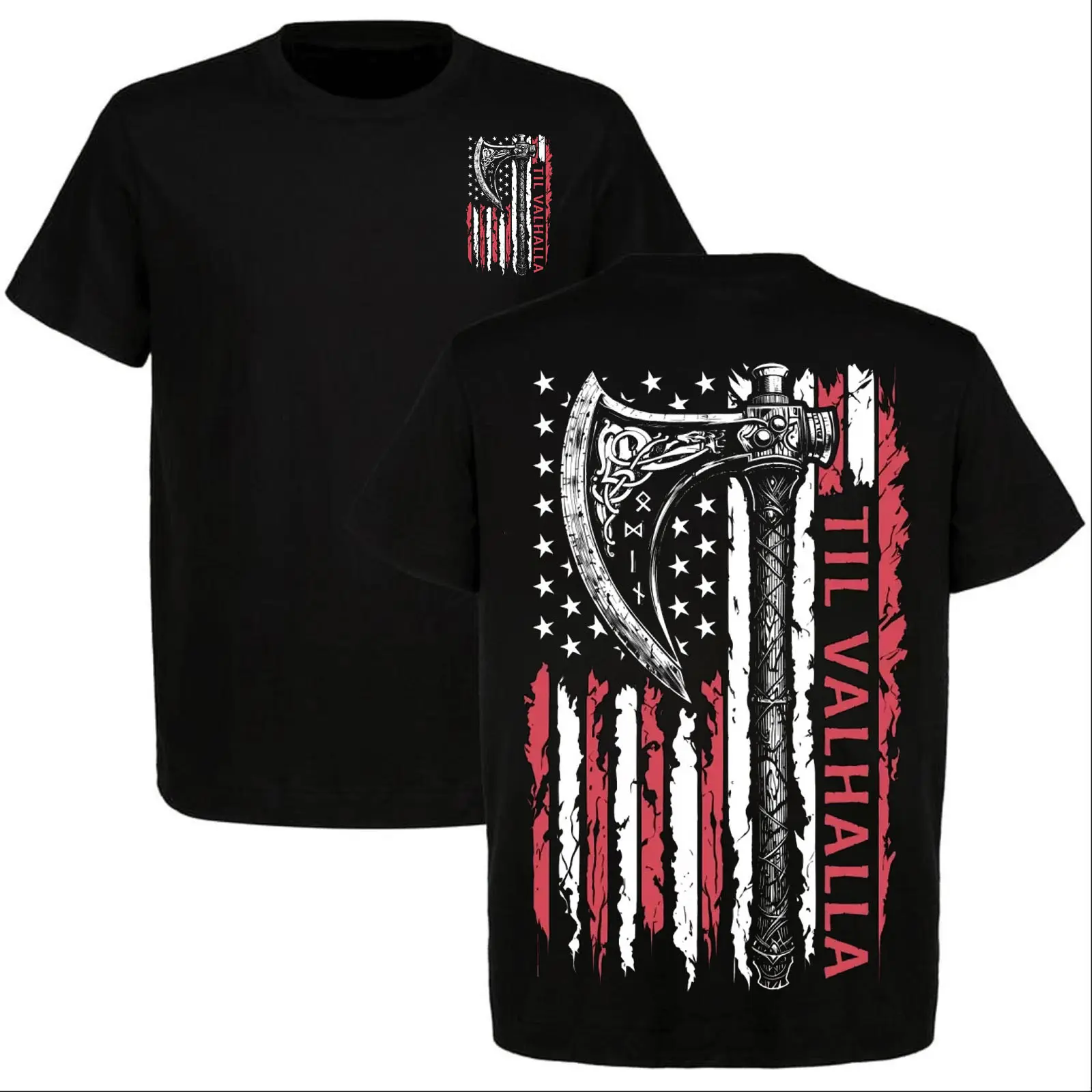 Men's Patriotic Norse Viking Warrior Axe Graphic T-Shirt, American Flag Themed Casual Top Ideal Gift For Nordic Culture Enthusiasts Menswear Tropical