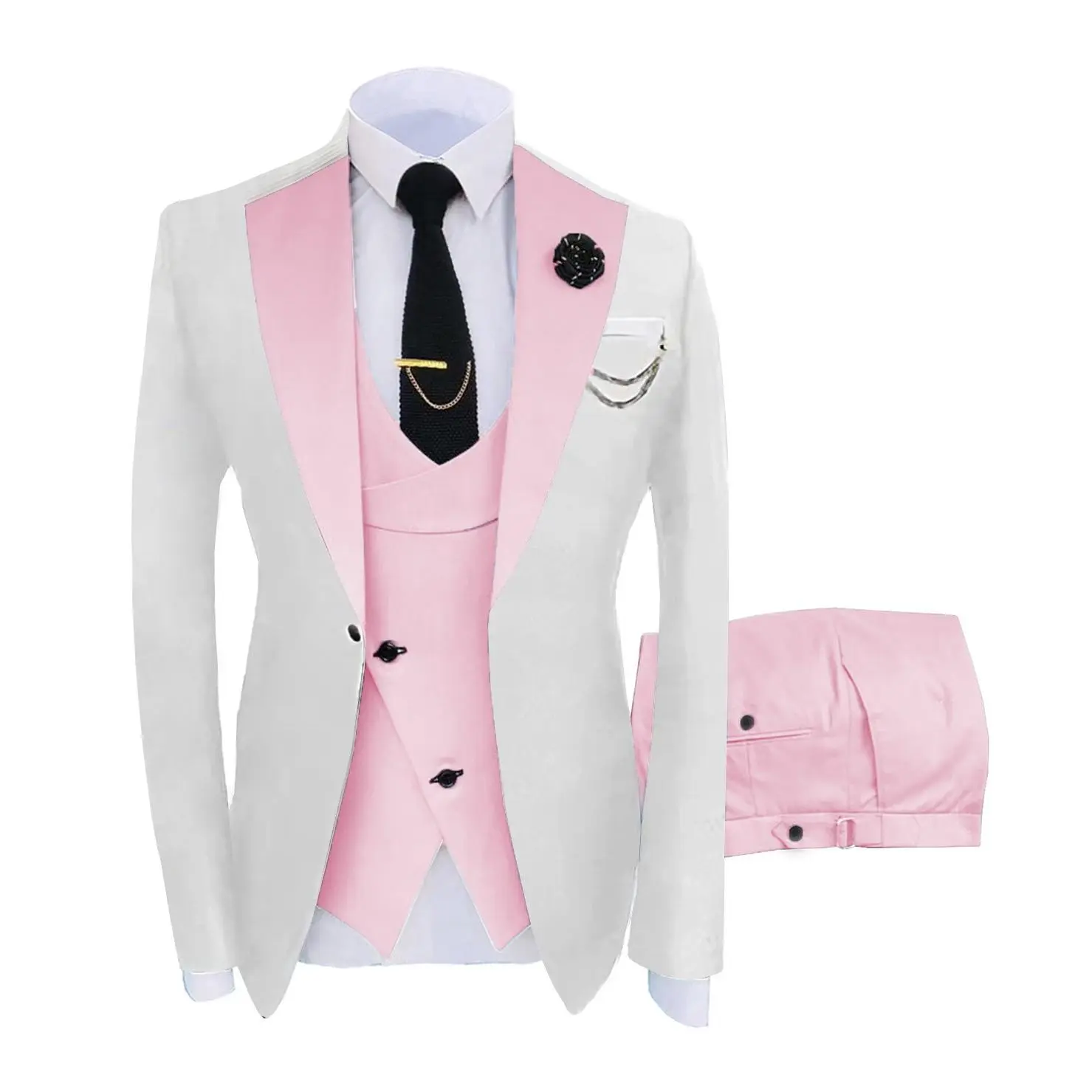 Men’s Suit One Button 3-Piece Blazer Dress Business Wedding Party Jacket Vest & Pant Formal Long Sleeve