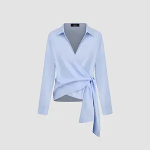 Cider [size 0-10] 100% Cotton V-neck Solid Knotted Long Sleeve Blouse