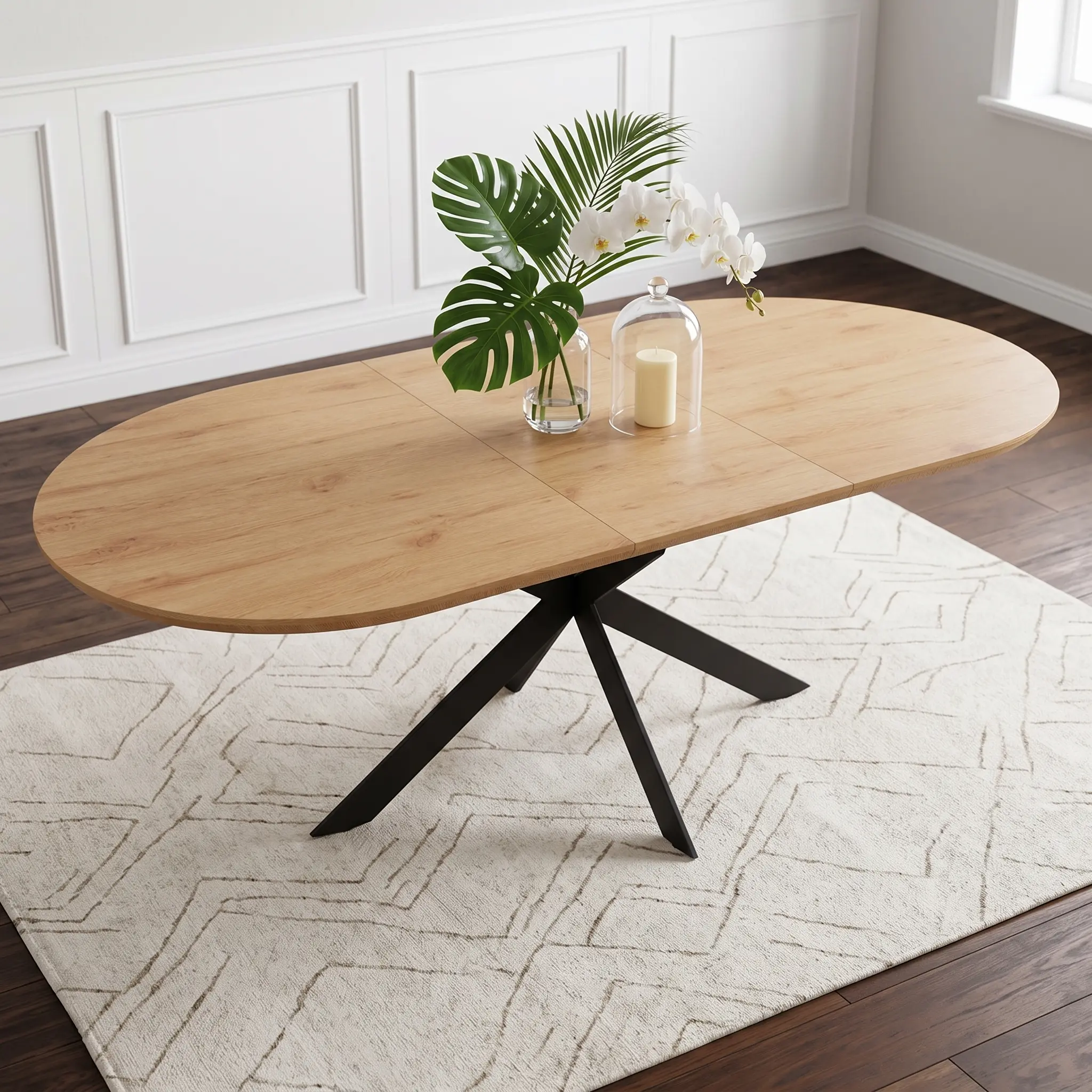 Nordic Oval Wood Dining Table - Natural Wood Grain Tabletop with Rounded Edges, Stable X-Shaped Black Metal Base, Spacious Legroom & Minimal Two-Tone Design for Kitchen, Dining Room, Apartment and Small Spaces
