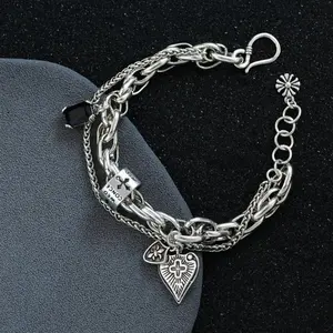 925 Sterling Silver Braided Bracelet — Y2K Retro Heart & Cross Pendant; Trendy and Stylish, Perfect for Parties and Daily Wear
