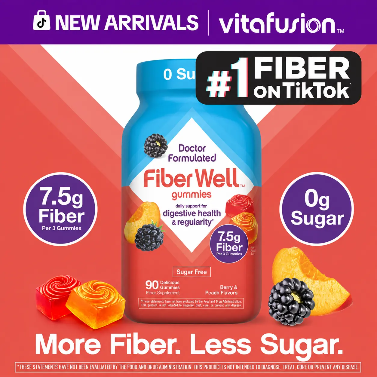 [Vitafusion] Fiber Well Sugar Free Gummies - 7.5g - Berry & Peach Flavor Fiber Gummies - Supports Digestive Health & Regularity - 90 Gummies