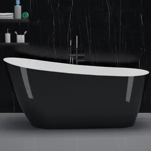 Garvee Acrylic Freestanding Bathtub, 59 Inch Deep Soaking Tub, One End Raised, White Interior Black Exterior, Chrome Drain, Overflow, Non-Slip, Modern Acrylic Stand Alone Bath Tub for Bathroom
