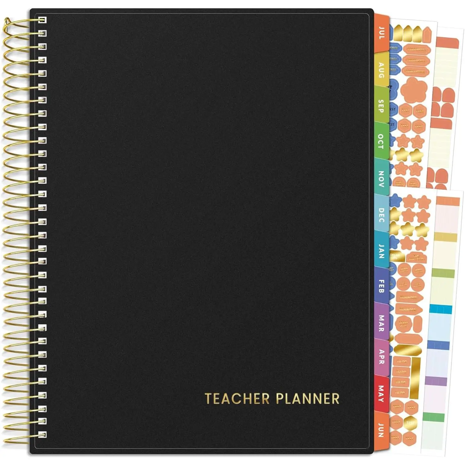 Deluxe Teacher Planner 2025-2026, Lesson Planner Book with 7 Periods Jul 2025 - Jun 2026, 8.5" x 11" Daily Weekly and Monthly Organizers with Colorful Tabs, Planning Stickers,120gms Paper, Black