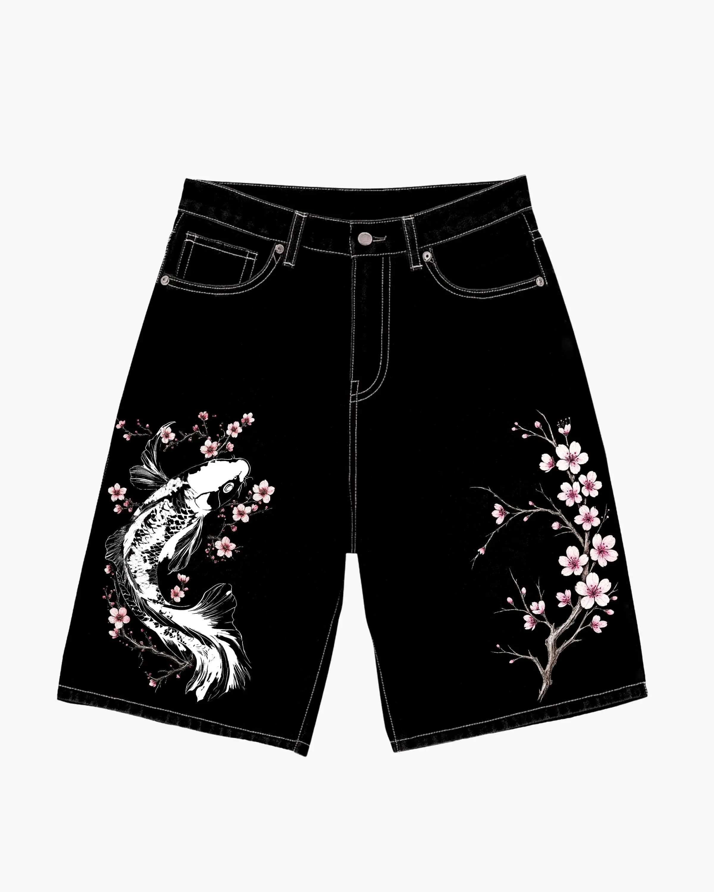 KoiBloom Long Shorts - Oversized Streetwear Jorts with Japanese & Floral Print 100% Cotton Denim All Seasons Comfortable Fit