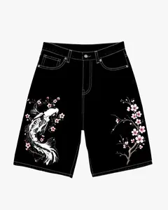 KoiBloom Long Shorts - Oversized Streetwear Jorts with Japanese & Floral Print 100% Cotton Denim All Seasons Comfortable Fit