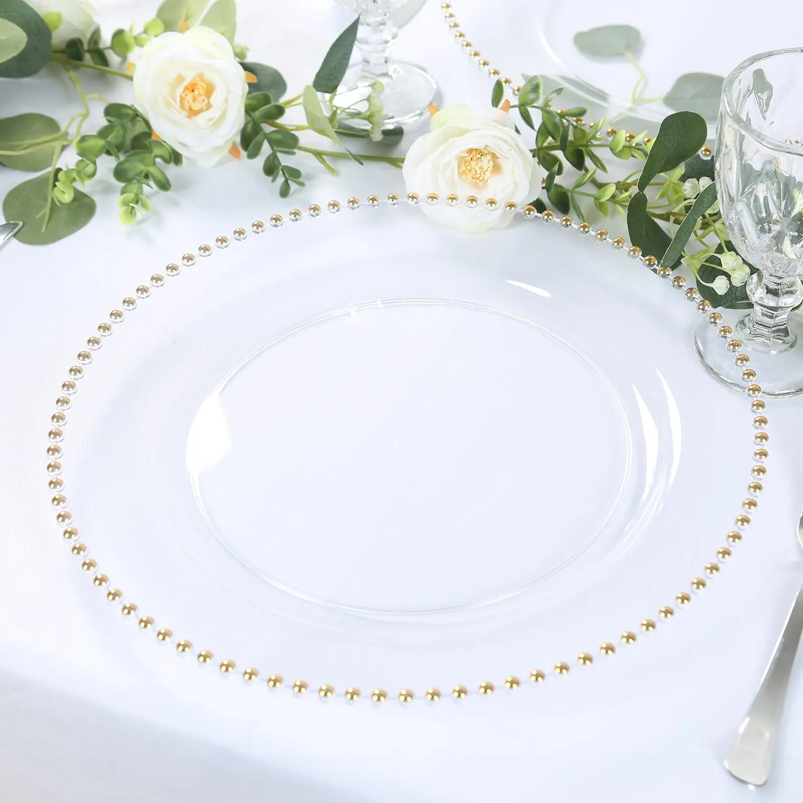 10-Pack Economy Plastic Charger Plates 13" Round Clear with Gold Beaded Rim - Stylish Dinner Party Serving Plates