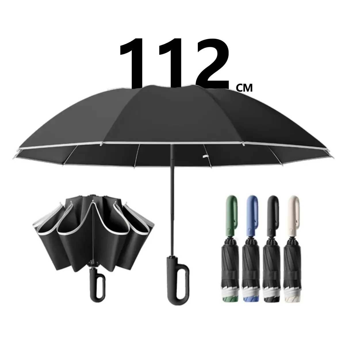Large Umbrella with Ring Handle, Easy Carry, Reverse Installation to Prevent Water Damage, Night Reflective Strip Included, Rainproof Umbrella, Windproof Folding Umbrella, Foldable Rainproof Umbrella