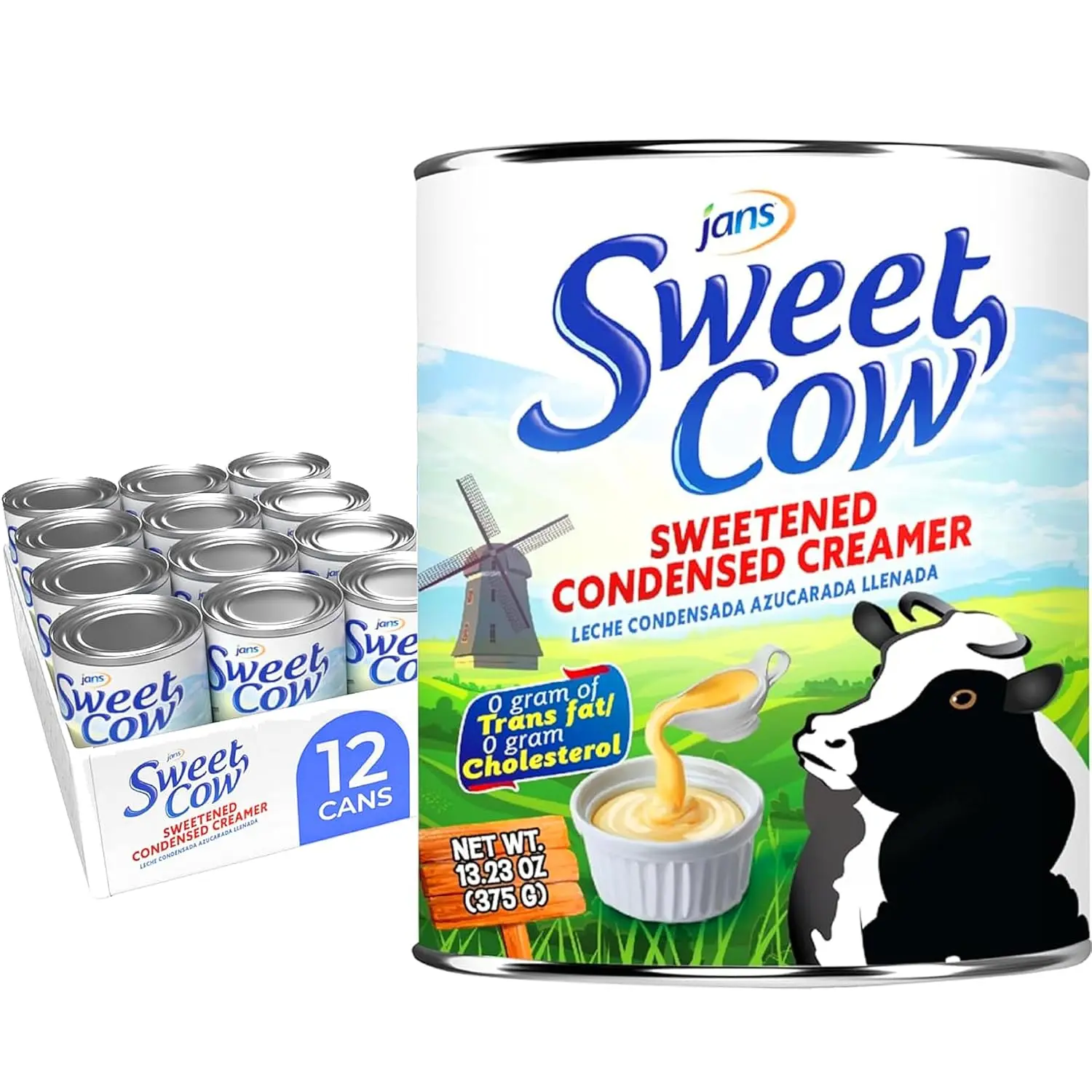 Jans Sweet Cow Condensed Milk (375g, Pack of 12) Sweetened Condensed Milk Canned Creamer for Baking