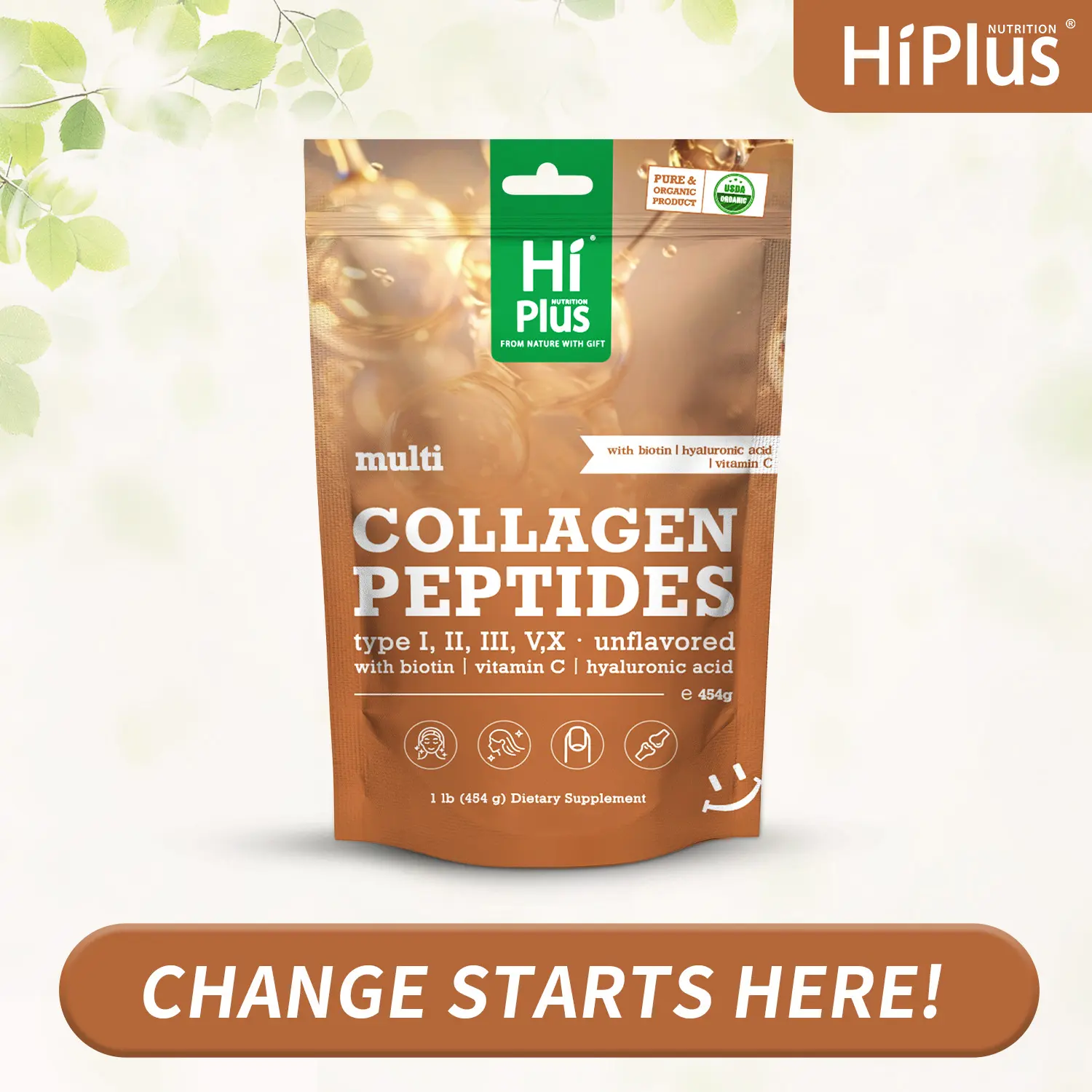 HiPlus Multi Collagen Peptide Powder, Premium Hydrolyzed Dietary Beauty Skin Care Supplement (L, LL, LLL, V, X Types) with Hyaluronic Acid, Biotin, Vitamin C - Odorless, 1-Month Supply for Radiant Skin, Healthy Hair, Nails, Joints