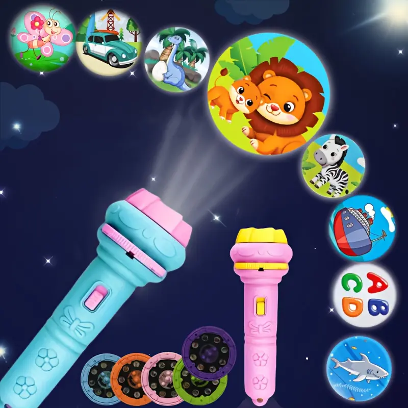 Mini Projector Flashlight for Kids - 3 Slides with 24 Patterns (Animals, Dinosaurs, Vehicles, Space) - Educational Science Toy, Halloween Gifts