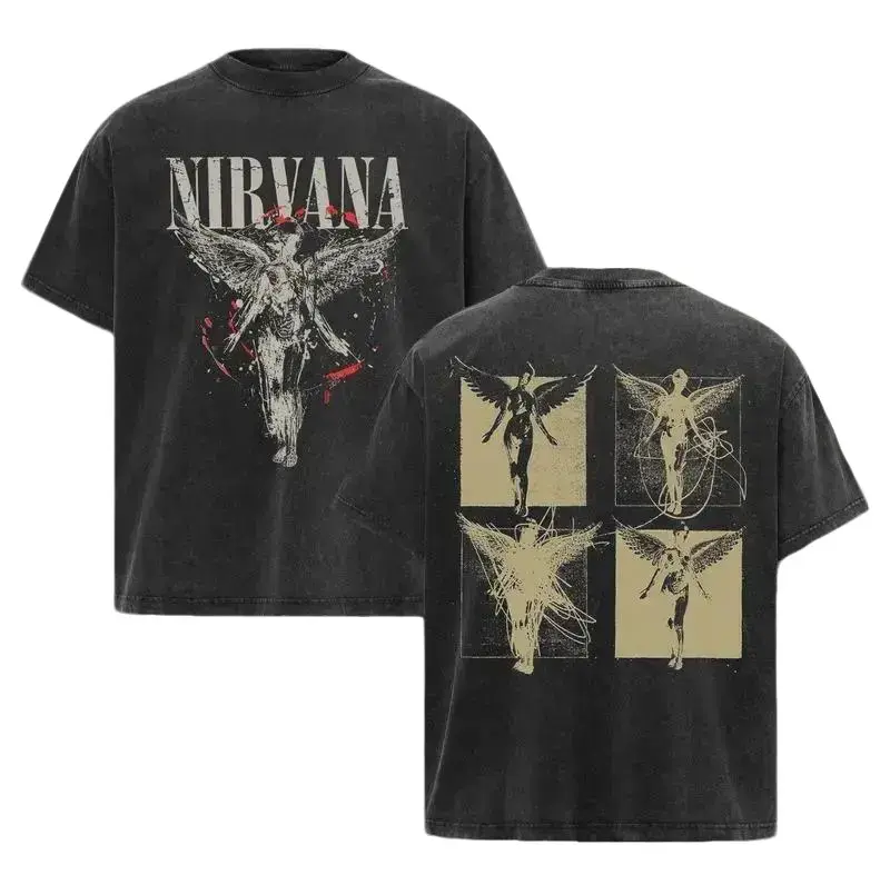 Men's Vintage Washed Oversized Black Acid Wash Nirvana Apparel Tops - Short Sleeve Breathable Fabric, Double-Sided Front Nirvana Letter Angel Print, 4-Panel Angel Grunge Band Graphic, Rock Casual Style, Shortsleeve, Classic, Cotton, Seamless