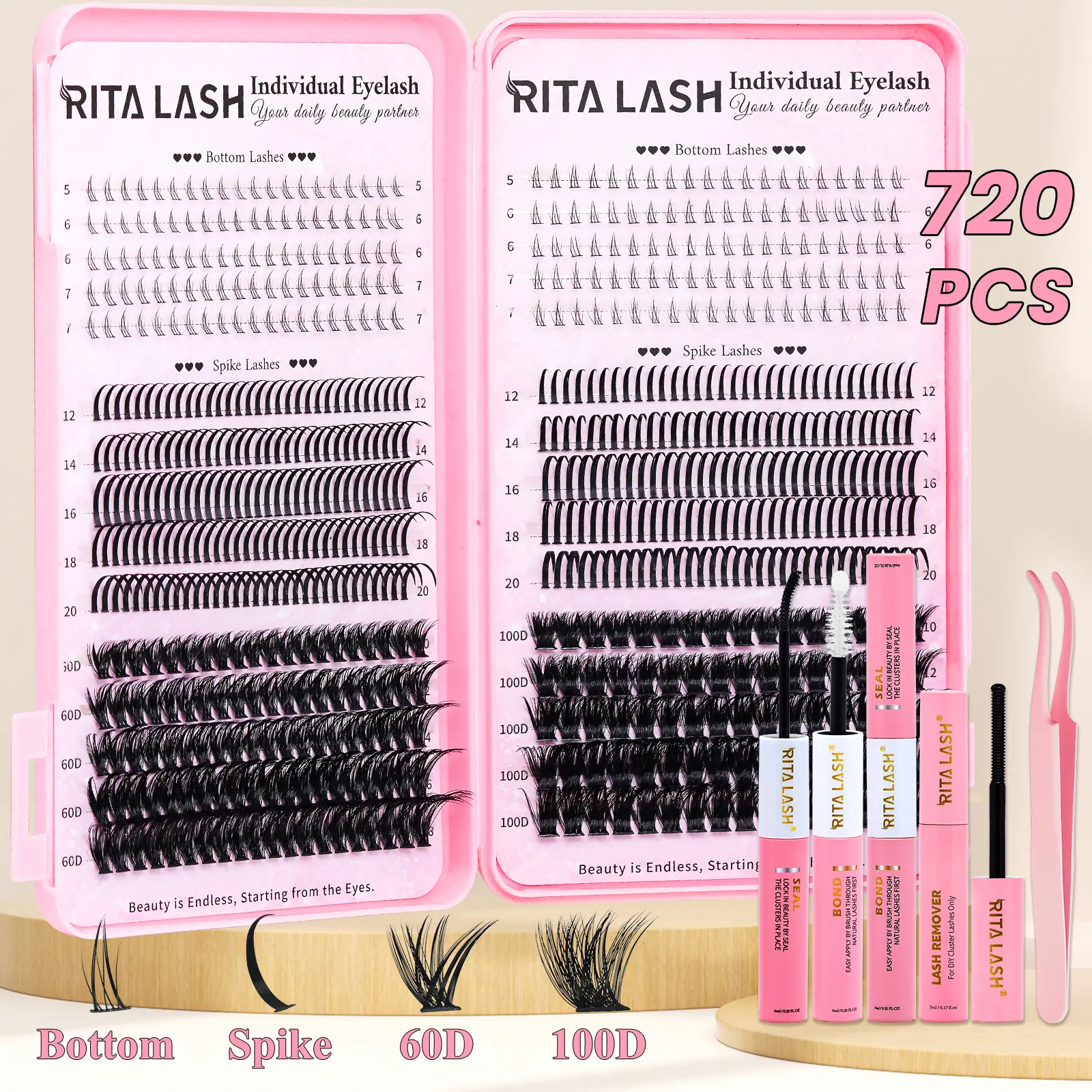 RITALASH 720Pcs Eyelash Clusters Lash Kit Gift Packs with Bond&Seal Volume Soft Extension False Eyelash D Curl Wispy Natural DIY Individual Eyelashes for Beginners Bulk Pack