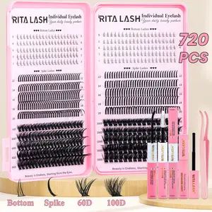 RITALASH 720Pcs Eyelash Clusters Lash Kit Gift Packs with Bond&Seal Volume Soft Extension False Eyelash D Curl Wispy Natural DIY Individual Eyelashes for Beginners Bulk Pack