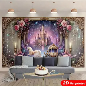 2D Flat Printed Magical Fairy Tale Castle Tapestry Wall Hanging - Princess Carriage, Rose, Star Designs, Girls Room Home Decor, Aesthetic Photo Prop, Ideal Home Supplies Gift