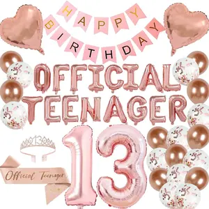 13th Birthday Party Decorations OFFICIAL TEENAGER Party Balloons 13th Birthday Tiara Official Teenager Sash Happy Birthday Banner for 13 Year Old Girls Birthday Party Favor Supplies (rose gold)