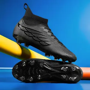 1PairMen'SProfessionalSoccerCleats,High-TopAGStudsFootballBoots,BreathableFauxUpper,Non-SlipTPUSole,FabricLining,StripedSportsStyle,All-SeasonOutdoorTrainingShoes,ClassicBlack