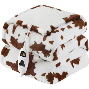 Heated Electric Blanket Throw 50X60 Brown Heating Blanket with 10 Heat Levels & 8 Hours Auto Off, Cow Print Western Highland Cow Decor Fleece Sherpa Blanket Warm Gift for Women Adults
