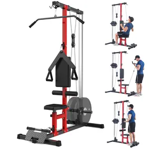 【Christmas Gift】LAT Power Cable Machine,LAT Pull Down Machine with High and Low Pulley Station,with Adjustable Leg Support for Home Gym Total Body Training，Black&Red