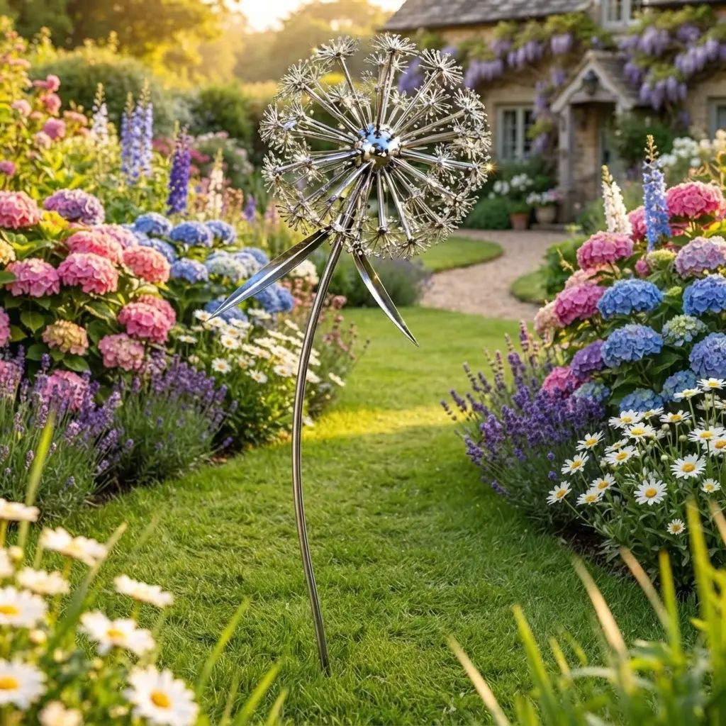 Stainless Steel Dandelion Garden Stake Sculpture - Large Reflective Metal Ornament, Weatherproof Landscaping Accent for Outdoor Lawns, Reflective Sunlight Home Improvement Gift (Garden Decor Supplies)