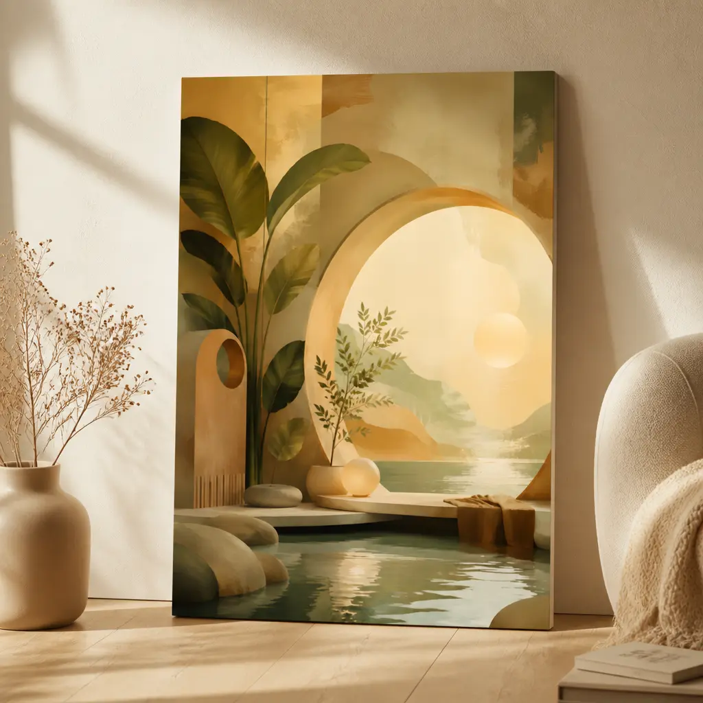 Frameless Wood Gallery-Wrapped Canvas Wall Art, Warm Neutral Nature Botanical Decor, Organic Modern Living Room Home Decor Piece