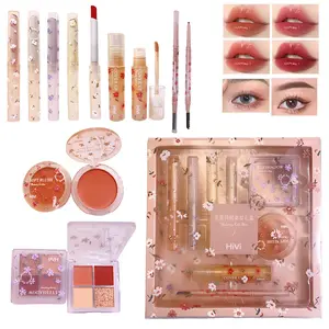 Flower Language 8piece Full Set Of Cosmetic 4 Color Lipstick Glossy Moisturizing EyeShadow Eyebrow Pencil Concealer Powder Blusher Palette Makeup Gift