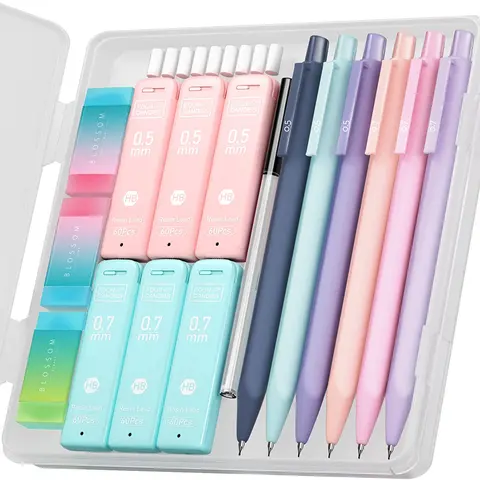 Cute Mechanical Pencil Set, 6PCS Pastel Mechanical Pencils 0.5mm & 0.7mm with 360PCS HB Pencil Leads, 3PCS Erasers and 9PCS Eraser Refills