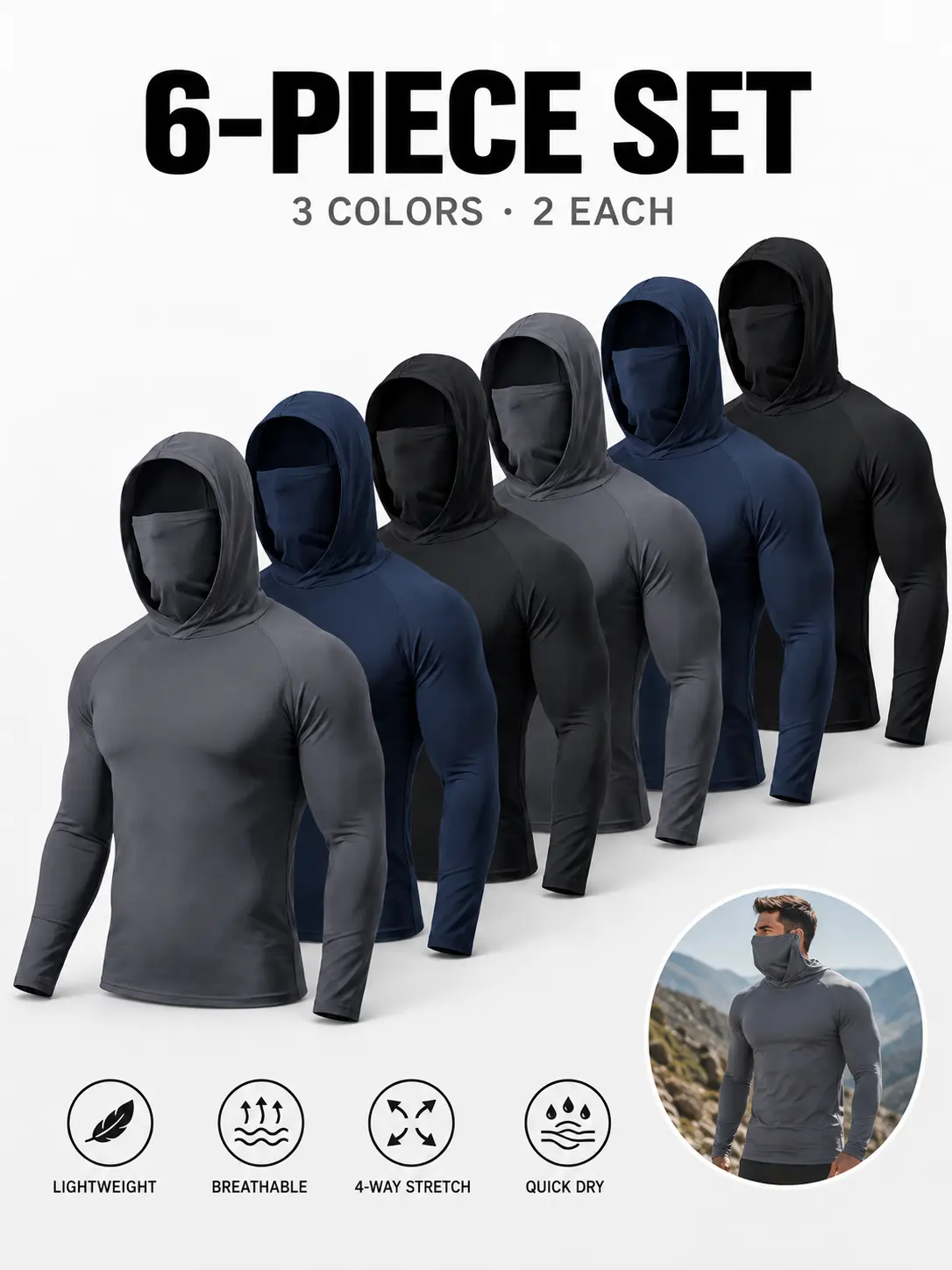 Men's 6-Pack Outdoor Work Shirts with Hood and Face Cover, Breathable Lightweight Long Sleeve Shirts for Lawn Care, Gardening and Construction