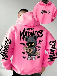 New Men's Hooded Sweatshirt, Premium Hoodie, Trendy Skateboard Bear Print, Polyester Material, Kangaroo Pocket, Casual Fitted Style, All Seasons, Pullover
