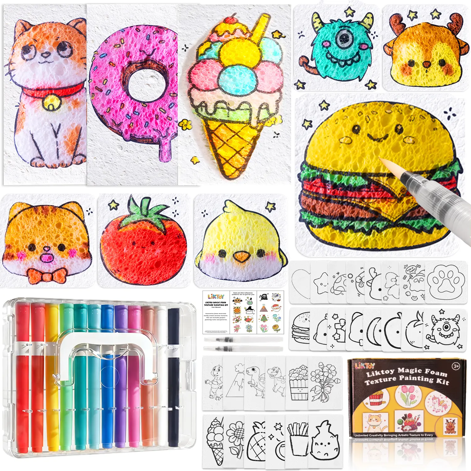 44Pcs Magic Foam Texture Painting Kit, 28Pcs Foam Texture Paper, 12Colorful Brush, 2 Water Brushes, 3D Effect Texture Painting Set, Ideal for Halloween, Christmas, Birthday Gifts