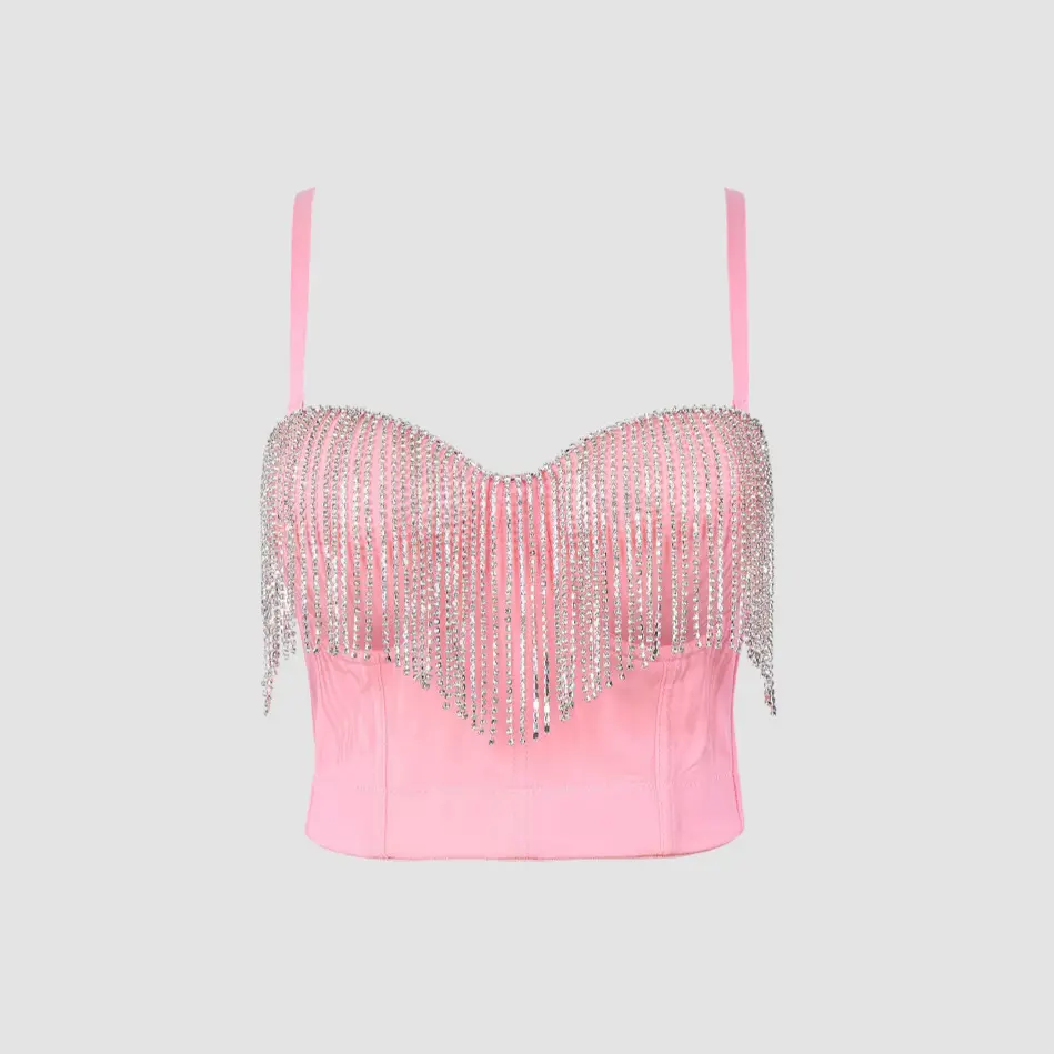 Tube Tank Halter Top Handmade Rhinestone Tassel Fishbone Bra Blusas Short Corset Spring Summer Rave Outfits Weighted Vests Woman Clothing Sling Wedding Party Blind Date Stage Party Shaper Ladies Outwear Crop Sexy Inner Clothes Elevated Going Out Tank Tops