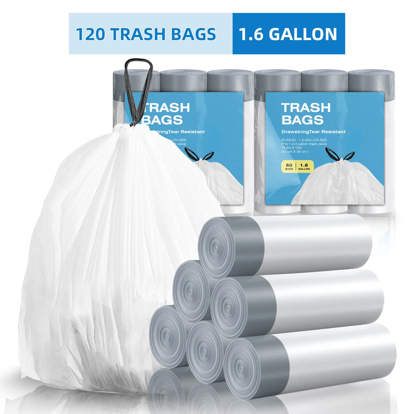 KSSKSS 1.6 Gal Small Unscented White Drawstring Trash Bags (120-Pack) - Sturdy, Leak-Resistant for Damp Bins, RV Compatible, Secure Grip on Bins, Home Supplies for Bathroom, Office