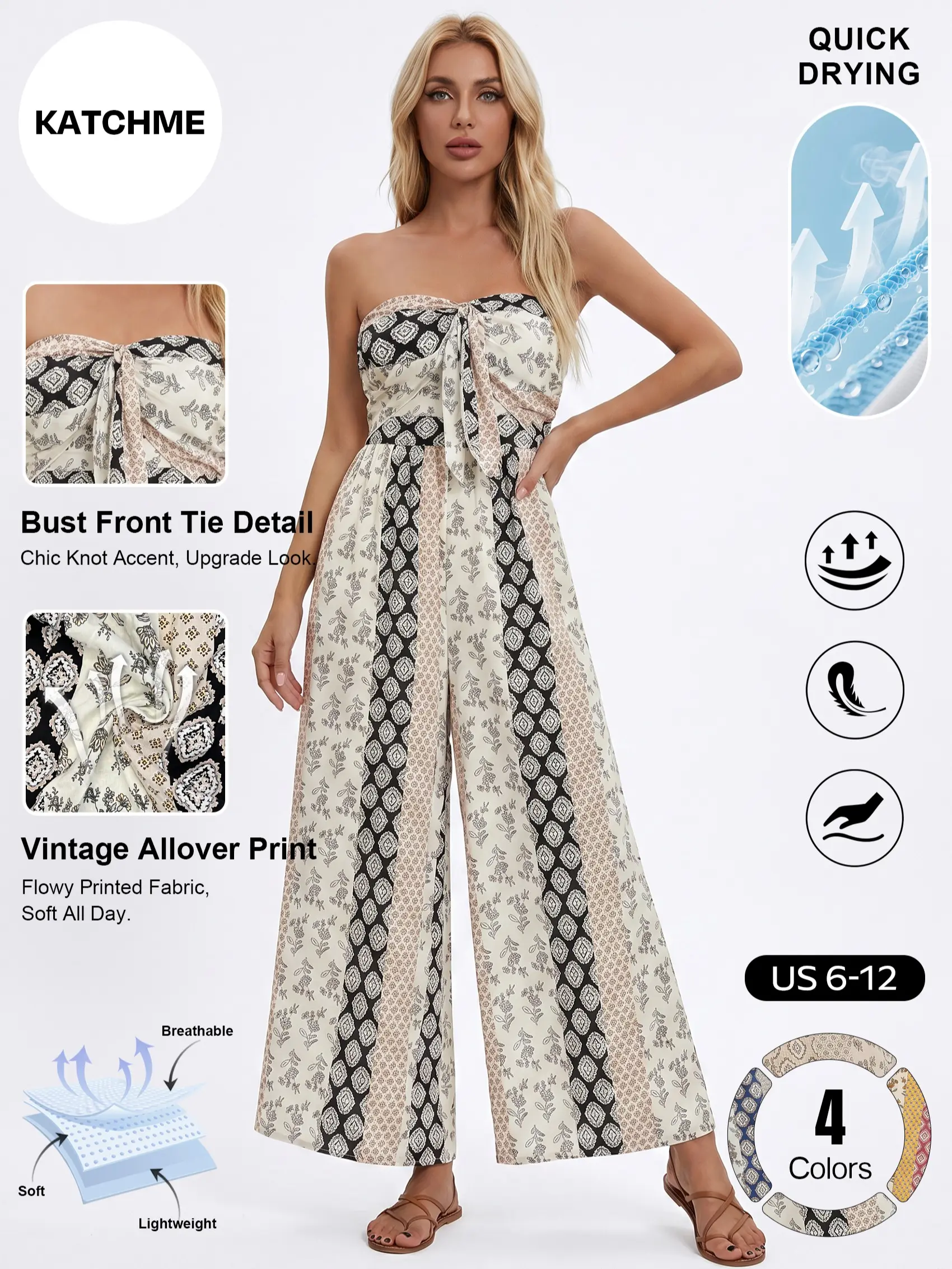 Katch Me Chic Women's Breezy Allover Print Front Tie Lightweight Wide Leg Jumpsuit, Vintage Strapless Quick-Drying Soft Playsuit, Versatile Going Out Outfit