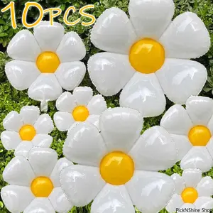 10 Pcs Daisy-Shape Huge White Flower Aluminum Foil Balloons, Ideal Decorations for Birthday, Wedding Party Supplies