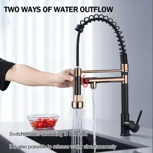 1pc Multi functional rose gold (black) double outlet with pull-out spray spring faucet household cold and hot  single handle single hole kitchen sink faucet Black Stainless