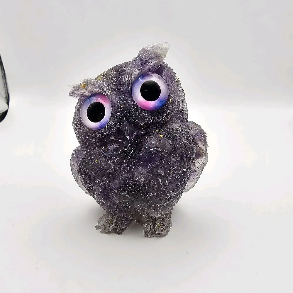 2.5 in Encapsulated Quartz Stone Amethyst Owl Statue, Textured Art Deco Home Decor, Stone Figurine for Collectors