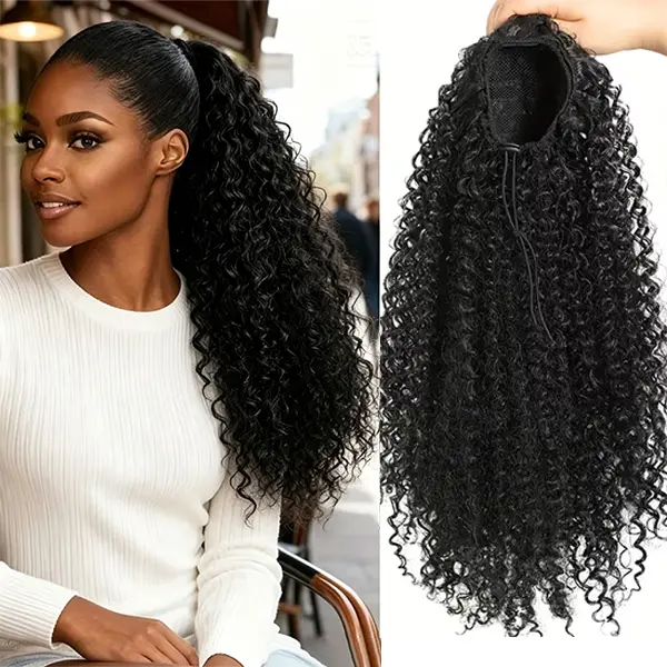 Fluffy Curly Drawstring Ponytail Extension for Black Women, 20 Inch Natural Afro Kinky Thick Volume Layered Synthetic Hairpiece for Daily Wear, Weddings, Birthday, Vacation & Quick Styling